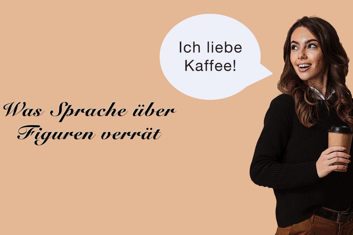 Smiling young woman wearing sweater standing isolated over beige background, holding takeaway coffee cup, using mobile phone